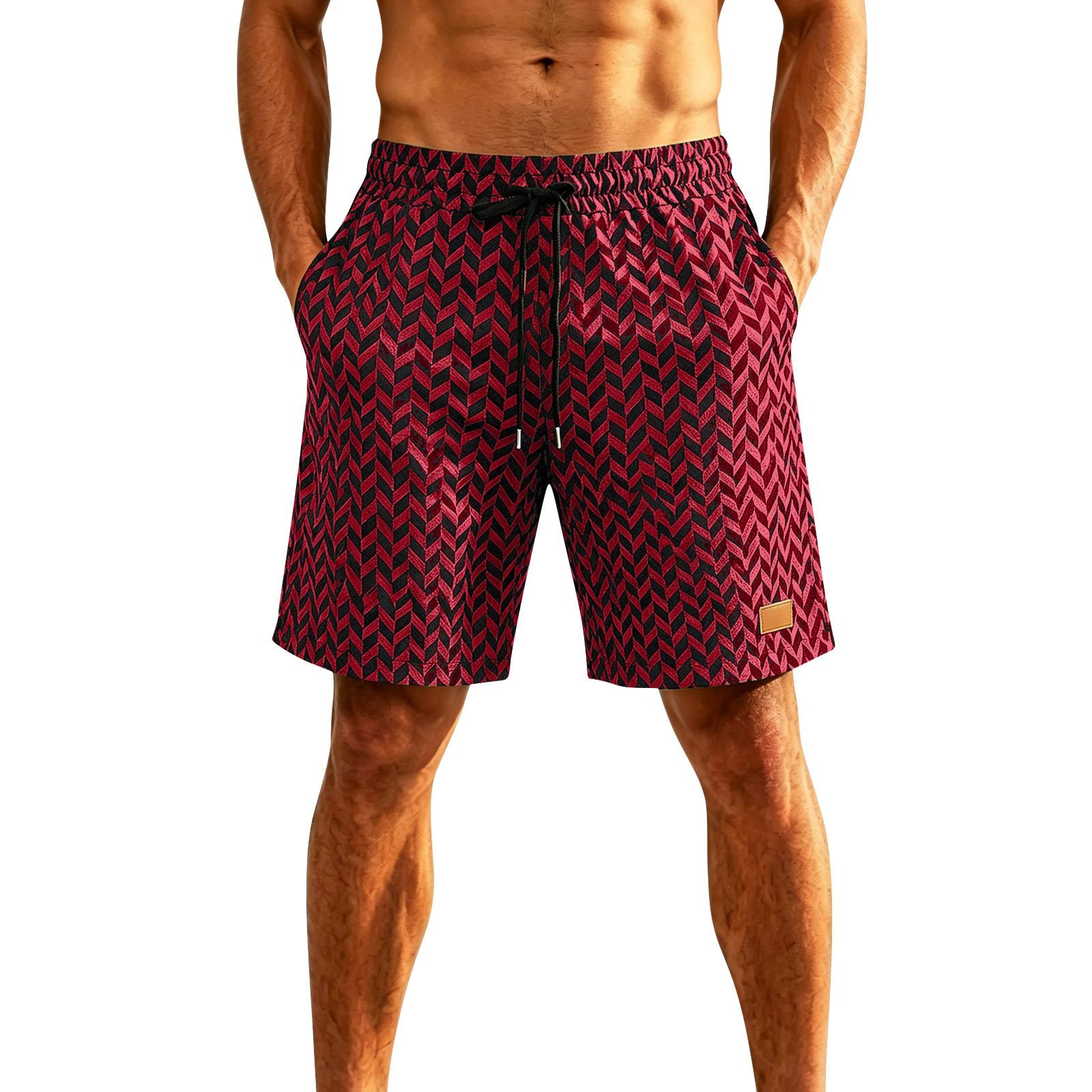 

Men s Herringbone Jacquard Shorts with Leather Patch Elastic Waistband Drawstring Sport Loose Fit Breathable Stretch Five Inch Length M червоний