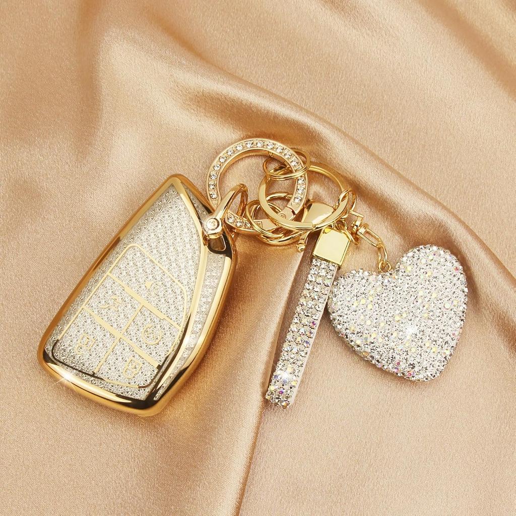 Key Fob Cover With Diamond Heart Keychain Car Key Shell Compatible With -2024 Chevy Tahoe Suburban GMC Yukon Denali Silverado Buick Full Protector