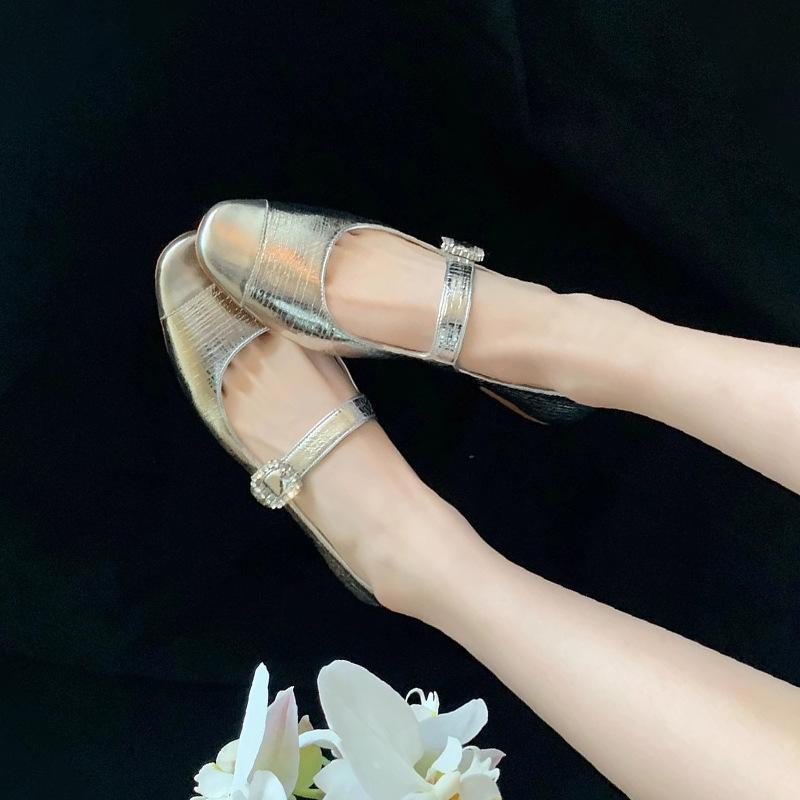 Leather Version Shoes Silver Mary Jane Shoes Women's Thick Heel Versatile Light Mouth Single Shoes Round Head Rhinestone Buckle French High Heels