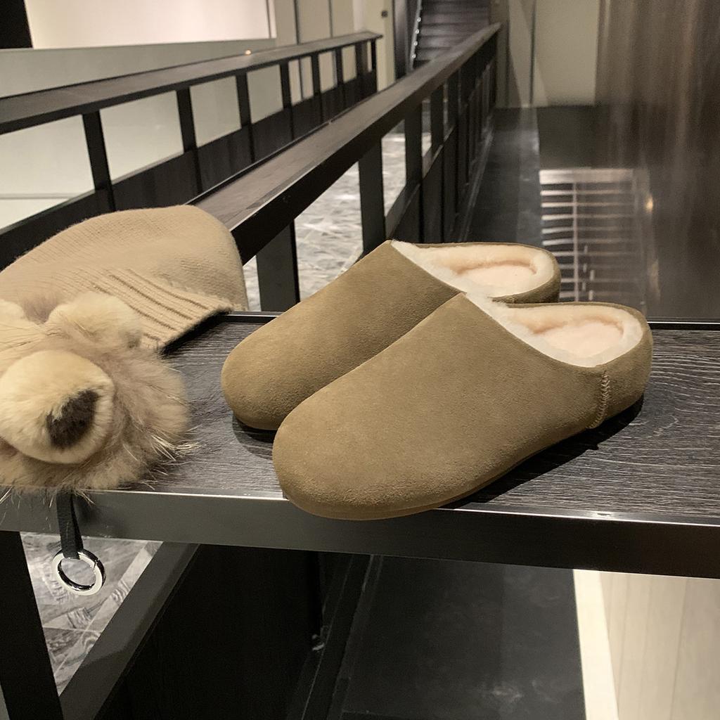 Wool~ Grape Ma Inner Height Increase of 4cm Warm and Velvet Birkenstocks Thick-soled Lazy Fluffy Half Slippers Outer Cotton Shoes