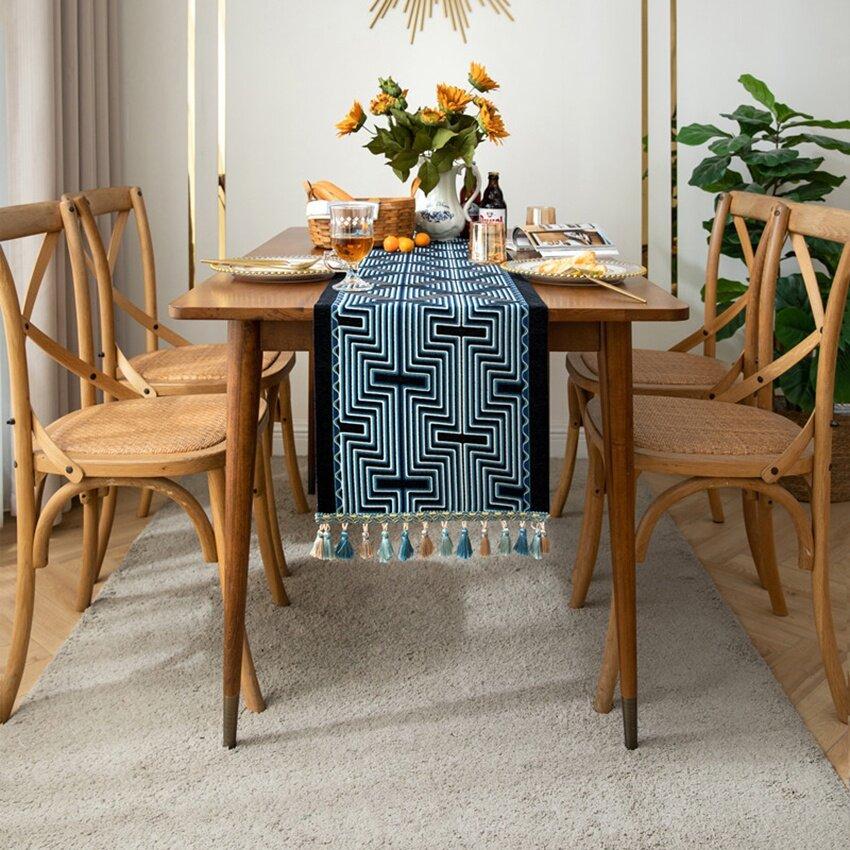 

Геометрическая линия, жаккардовый дизайн, скатерть, современная роскошь, черное золото, обеденный стол в центре, длинная скатерть, украшение для домашнего фестиваля 35x140cm синий