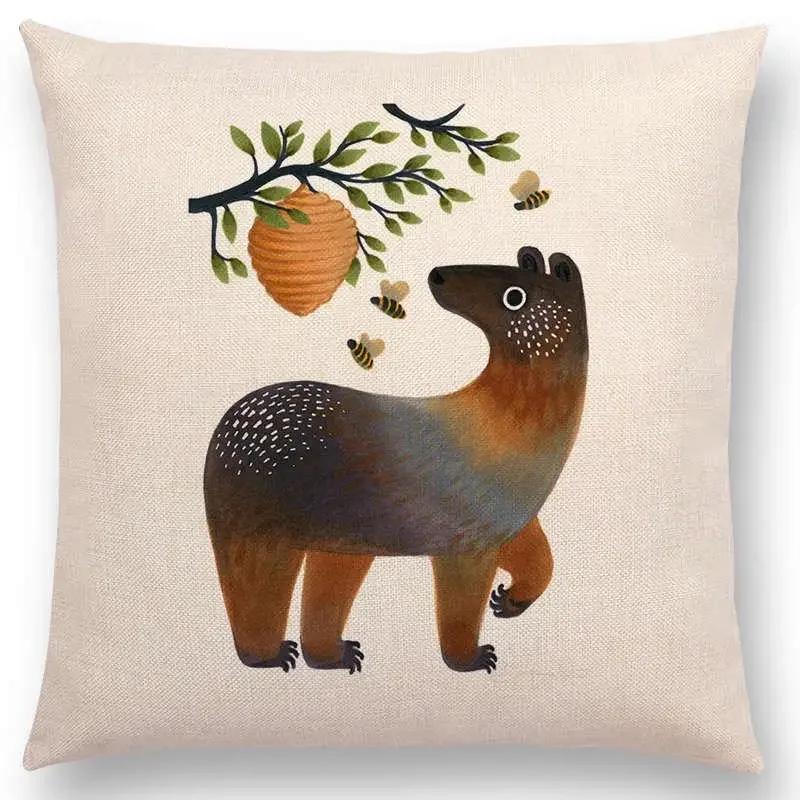 Retro Mystery Watercolor Art Totem Sofa Pillow Case Animals Deer Bear Bird Fish Fox Owl Snake Rabbit Heron Bee Cushion Cover