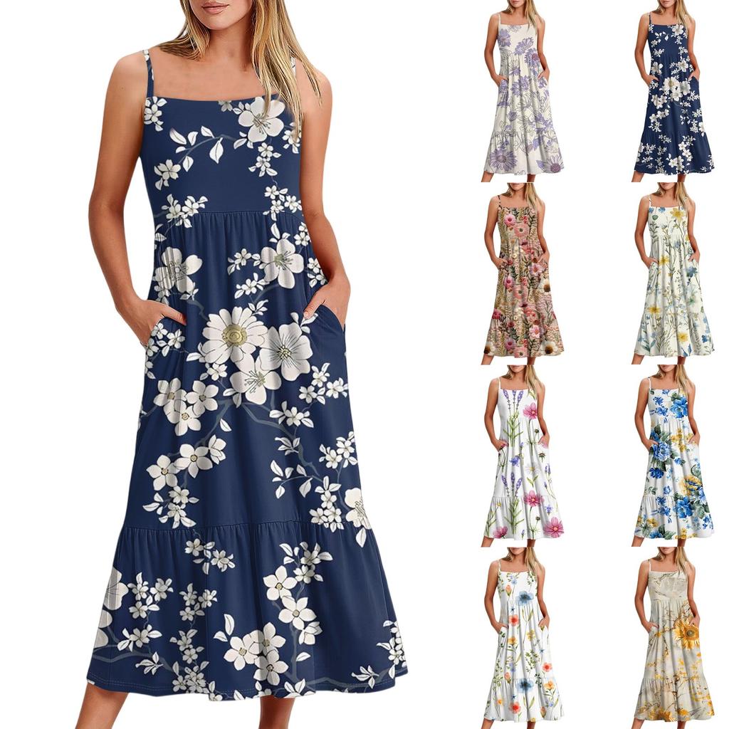 Women's Long Beach Casual Elegant Spaghetti Strap Maxi Dress Floral Low-key Flowing Bohemian Dress
