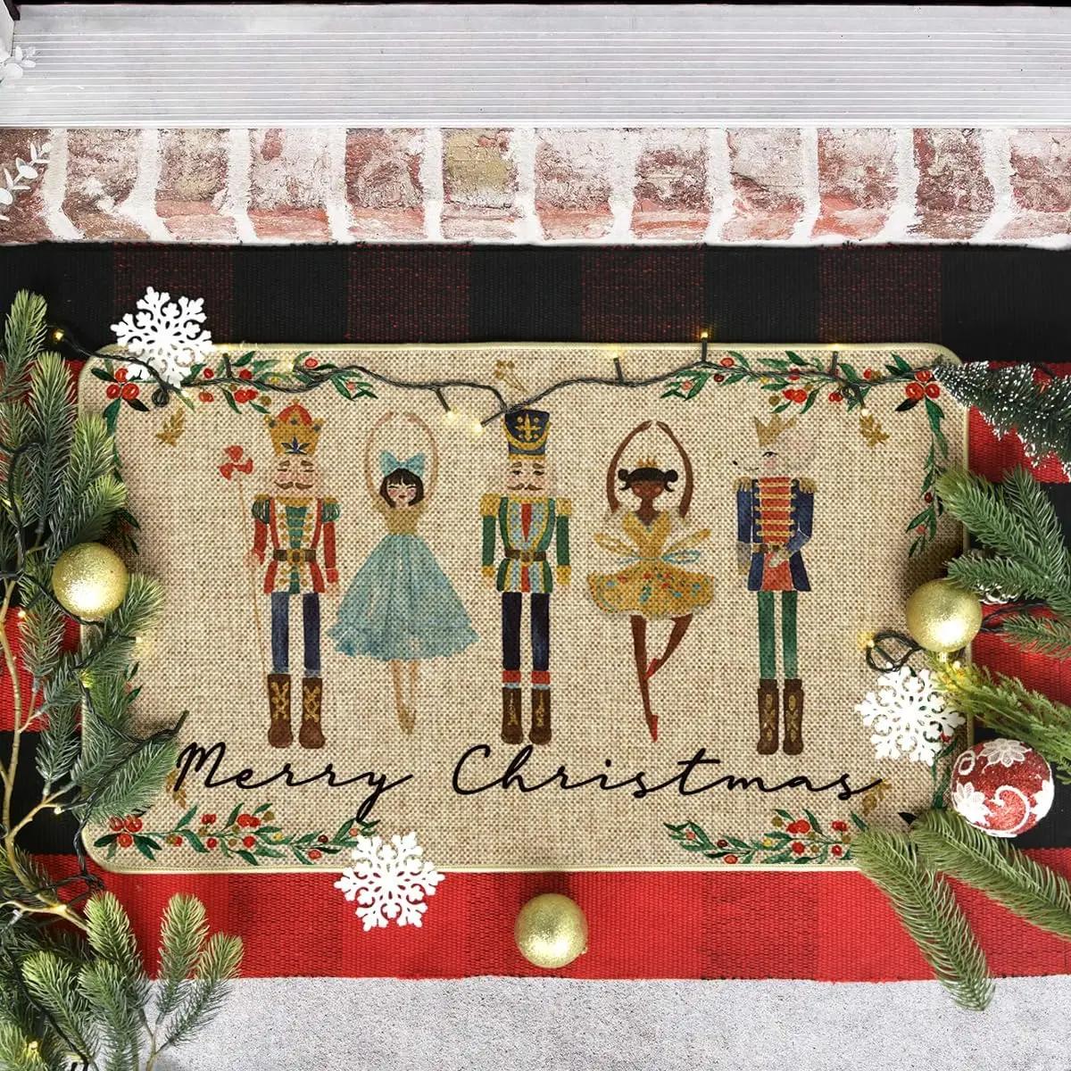 

VIKAMA Christmas Nutcracker Welcome Floor Mat Holiday Home Decoration Kitchen Bedroom Slippery Carpet Outdoor Entrance Floor Mat 40x60cm 16x24inch