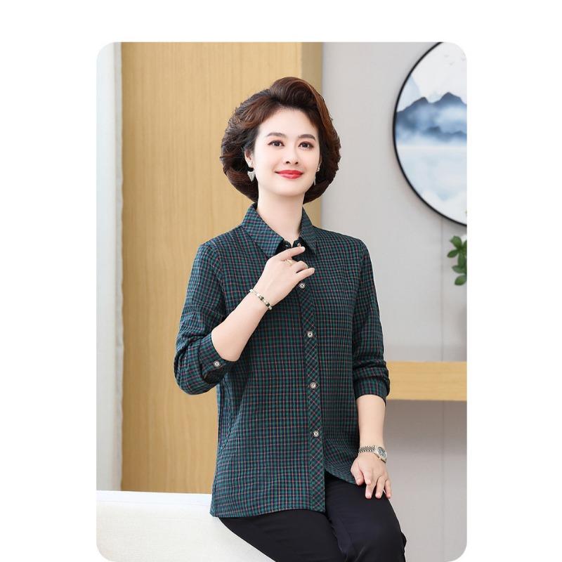 Middle-aged and Elderly Women's Spring and Autumn Tops Cotton Long-sleeved Shirts Women's Cotton Plaid Shirts