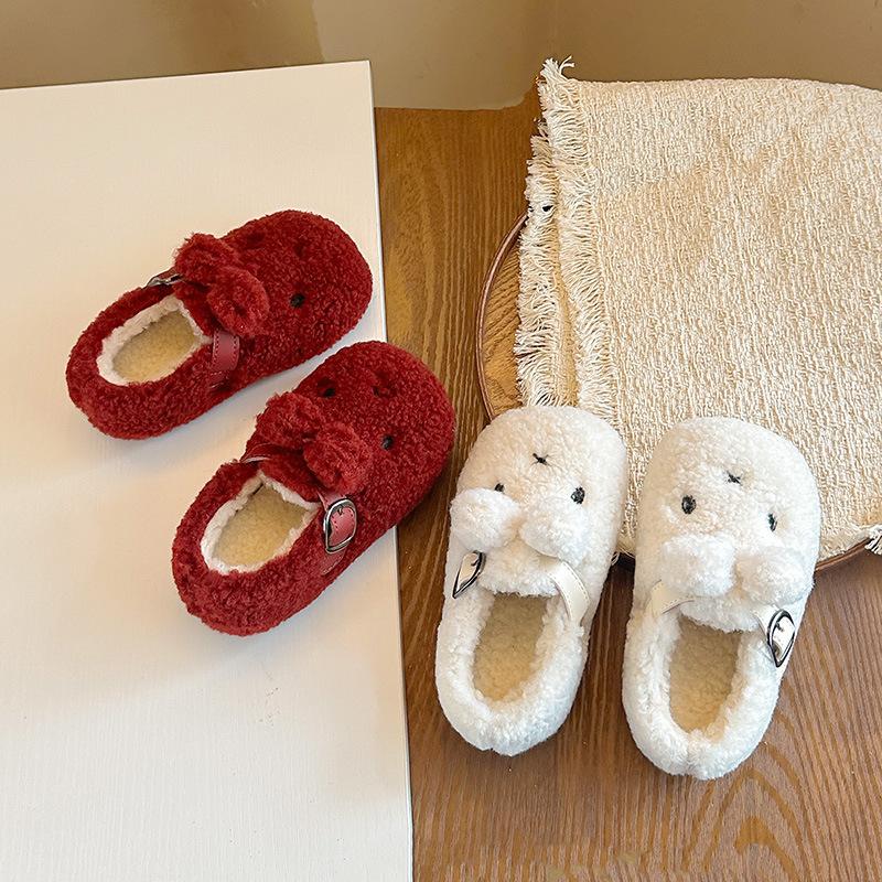 Girls' Rabbit Ear Plush Shoes, New Winter Solid Color Princess Cotton Shoes for Small, Medium, and Large Children, Warm Shoes