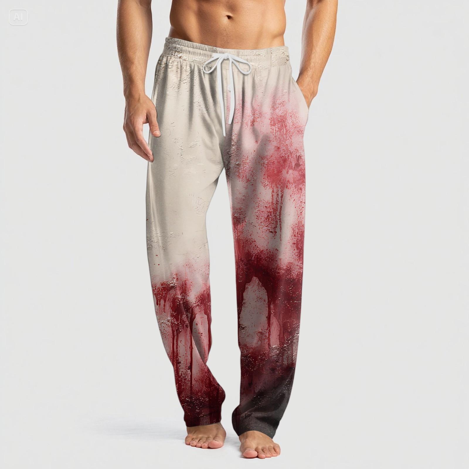 

Мужские вязаные повседневные брюки с карманом и принтом на Хэллоуин, пижамные брюки XL винный