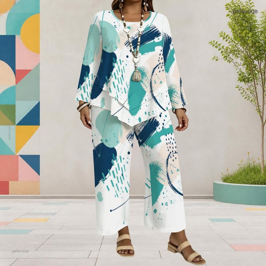 Women Plus Size Round Neck Long Sleeve Printed Layered Top Wide Leg Cropped Pants Two Piece Set
