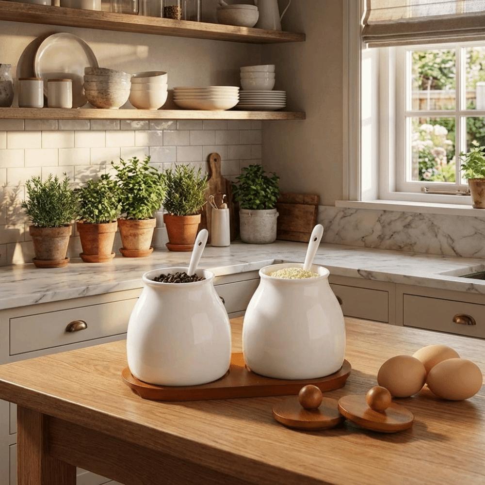 Moisture-Proof Ceramics Seasoning Jars with Spoon Condiment Jar Spice Containers  Kitchen