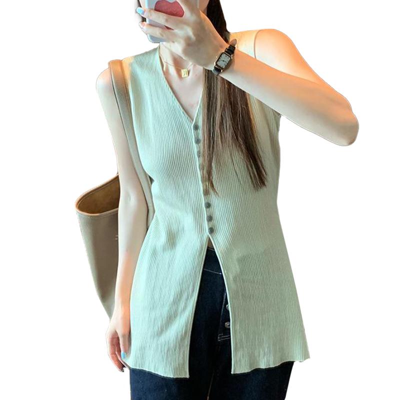 Women's Knitted Vest French Style, Solid Color V-Neck Sleeveless Chic Single-Breasted Top