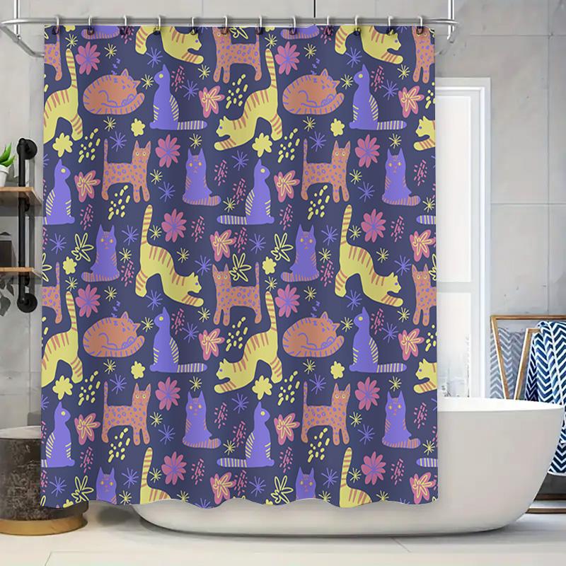 

Colorful Cat Pattern Shower Curtain For Bathroom Decor Purple Yellow Pink Blue Fabric Waterproof Home Decor Shower Panels W60H190(CM)-1 Pcs
