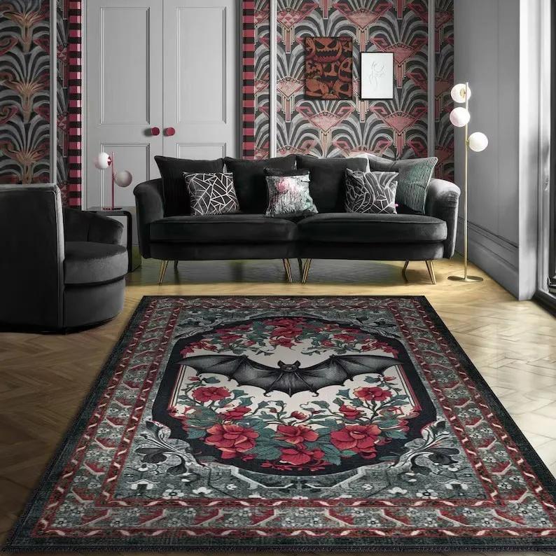 

Gothic Rug Welcome Mat Bat Home Decor Black and Wine Red Polyester Carpet Goth Room Decor Victorian Rug for Halloween Home Decor 40x60cm