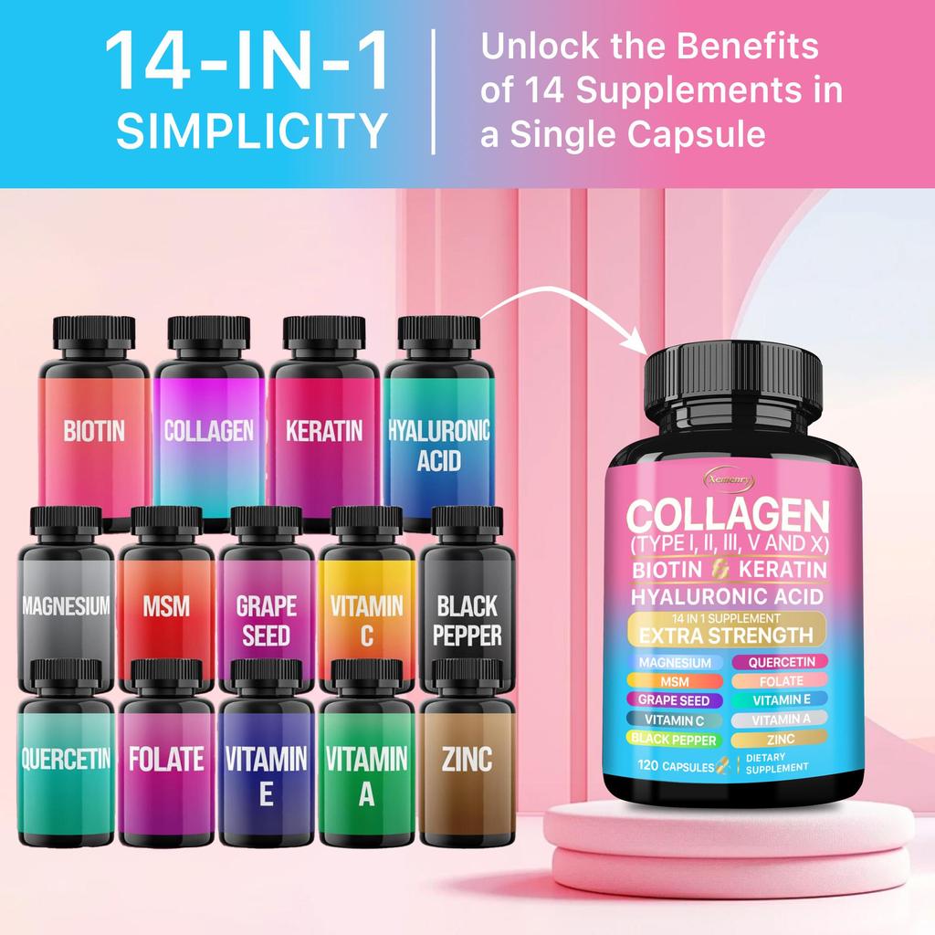 Collagen Peptide Capsules Containing Biotin, Keratin, Vitamin C, Vitamin E, Zinc, Magnesium, and Skin Health Support.