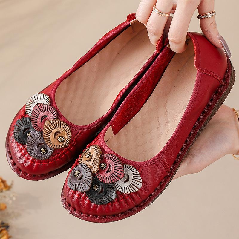

Весна/лето Новые женские туфли на низком каблуке из этнической кожи — круглый носок, сверхмягкая нескользящая подошва и ретро-дизайн ручной работы в племенном стиле 37 красный