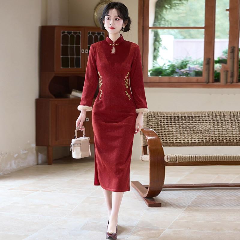 Red Knit Jacquard Qipao Dress Winter Warm Lined Long Sleeve Small