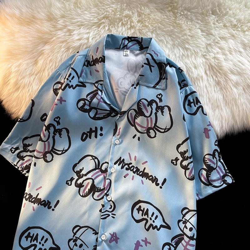Unisex Vintage Kubakrage Blomsterskjorte - Løs passform, Hong Kong-stil, Kort erm, Perfekt for strand og par