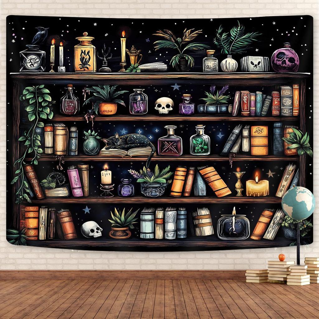 Fantasy Bibliothek Wandteppich für Klassenzimmer, Mystischer Baum Magisches Bücherregal Ästhetische Wandteppiche, Hexen Märchenbaum Vintage