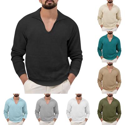 Pánské tričko s dlouhým rukávem, volné, jednobarevné, slim fit, klopa, ležérní top