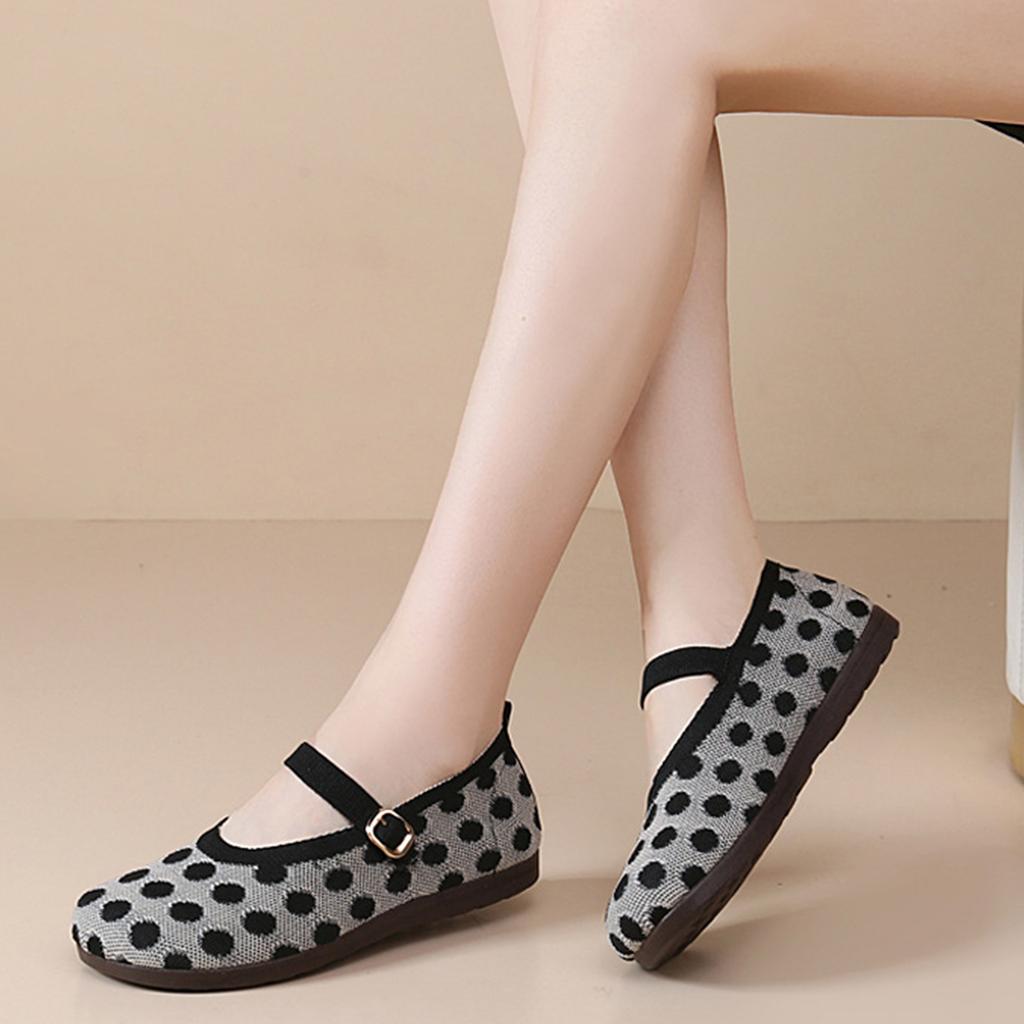 Women Fashion Flyknit Polka Dot Buckle Flat Shoes Lightweight Breathable Slip On Casual Footwear for Daily Wear