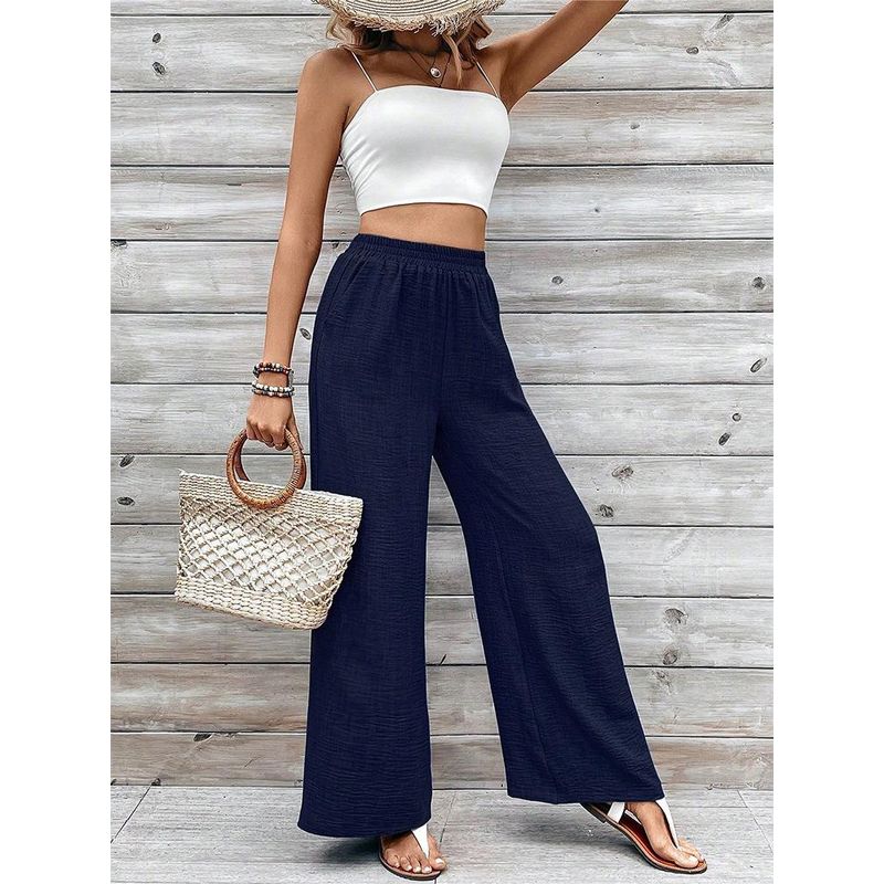 

European and American Women Fashion Elastic Waist Simple Casual Wide Leg Pants Casual Wide Leg Pants Dark Blue XL