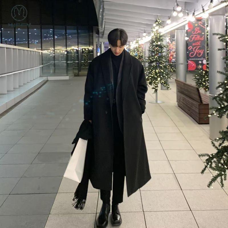 Giacca a vento da uomo di media lunghezza in stile coreano, Primavera/Autunno, Cappotto al ginocchio in lana britannica, Capospalla largo e alla moda