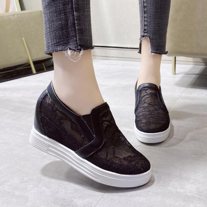 Women Wedge Platform Sneakers Rubber Leather High Heels Lace Up Shoes Pointed Toe Height Increasing Creepers White 2023