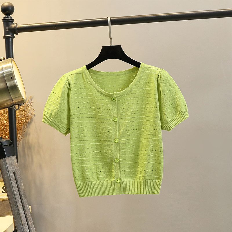 

T-shirt Top V Neck Ice Silk Cardigan Slim-Fitting Simple Short Sleeve Aocado Green -8422 XL