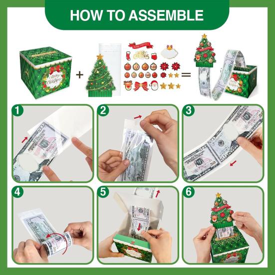 Christmas Money Box for Cash Gift Pull Merry Christmas Money Pull Box with 60 Transparent Bags DIY Holiday Cash Box Surprise Money Holder for