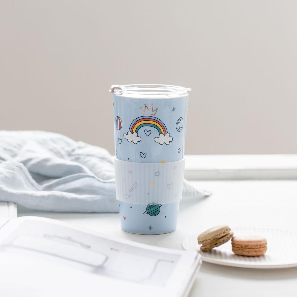 Cartoon Creative Ceramic Cup with Lid for Girls Heart Coffee Cup with Straw High looking Cute Water Cup