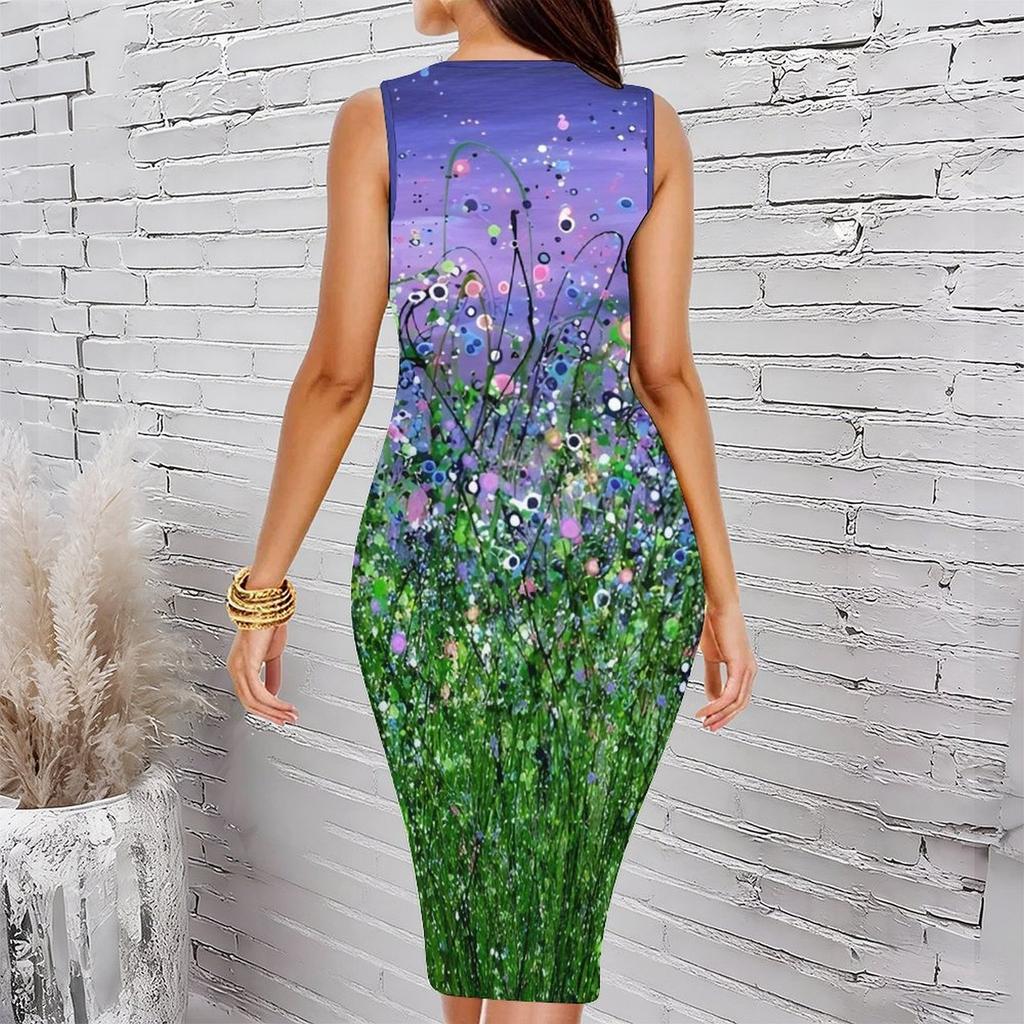 Women Plus Size Crew Neck Sleeveless Midi Dress Vivid Oil Painting Sunflower Floral Print Bodycon Dress