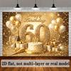 2D Plane 60th Birthday Theme Banner Background Fabric In a Golden Glitter Style Featuring Balloons and a Birthday Cake