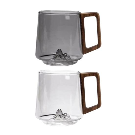 Yousheng 450ML Vintage Glass Cup with Wood Handle Heat-Resistant Mountain Bottom Clear Coffee Mug Large Capacity Tea Milk Water Drinking Cup