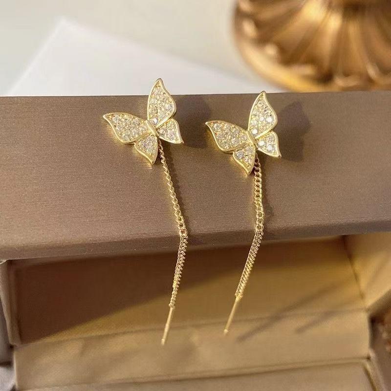 Exquisite Gold Rhinestone Butterfly Tassel Earrings - Classic Luxury with Zircon Detailing