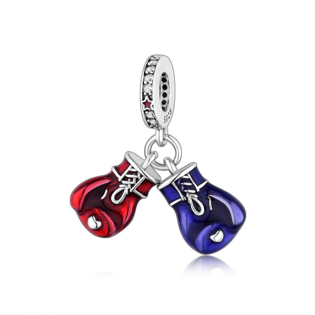 S925 Zilver Rood En Blauw Bokshandschoen Hanger Kracht Kralen Armband Ketting DIY Handgemaakte Ambachtelijke Accessoires Losse Kralen