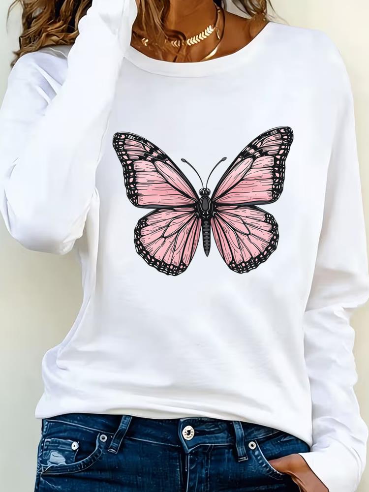 (Asian Size) watercolor flower 90s Clothing Casual  Tee Lady Printed o-neck Long Sleeve T Shirt Women Female Fashion Top Graphic T-shirts