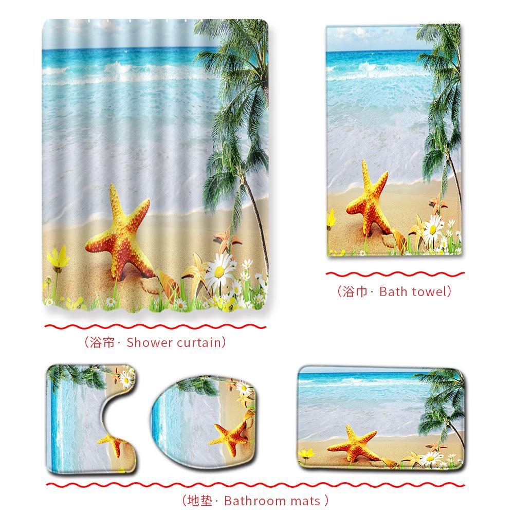 Beach Ocean Bathroom Shower Curtain Bath Towel Floor Mat Five-Piece Set Toilet Toilet Carpet Shower Foot Mat