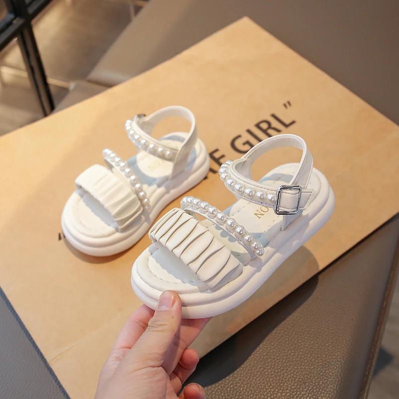 

Girls Sandals Pleated Ins Trendy Kids Princess Shoes Beads Sweet Soft Sole Summer New Children Beach Shoes Open Toes Cute 37