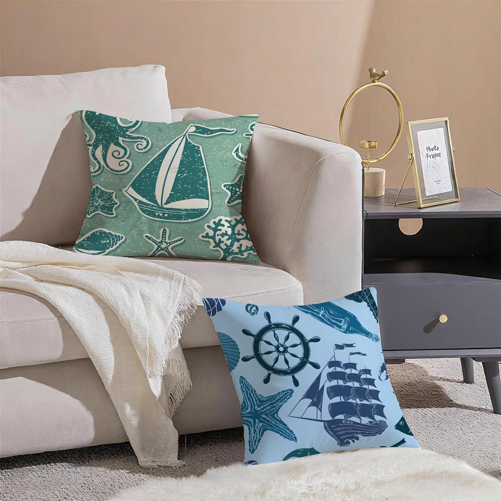 Casual Blue Maritimethemed Pattern Cushion Cover Pillowcase Short Plush Invisible Zipper Room Sofa Cushion Cover