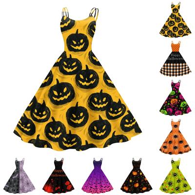 Dámské vintage zvonové šaty s odhalenými rameny a halloweenským potiskem