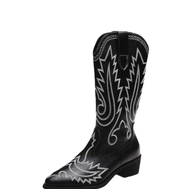 Ghete Martin clasice cu vârf ascuțit pentru femei, cizme cowboy, toc gros, ghete pentru femei cu toc mediu, cizme cowboy brodate