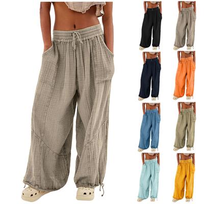 Frauen Hosen Hohe Elastische Taille Kordelzug Breites Bein Lose Tiefem Schritt Plissee Knöchel-banded Taschen Einfarbig Weiche Dame Casual Hosen