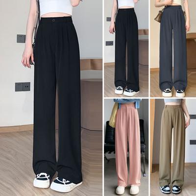 Frauen Einfarbig Anzug Hosen Hohe Taille Gerade Breite Bein Hosen Knopf Zipper Fly Taschen Baggy Hosen Büro Tragen