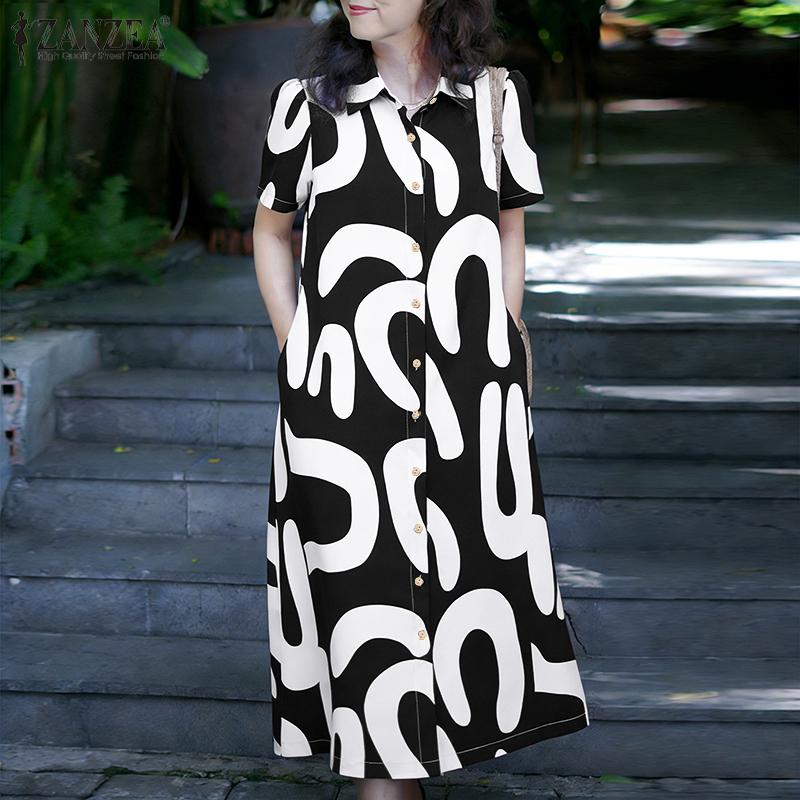 ZANZEA Women Casual Turn Down Collar Short Sleeve Print Dress