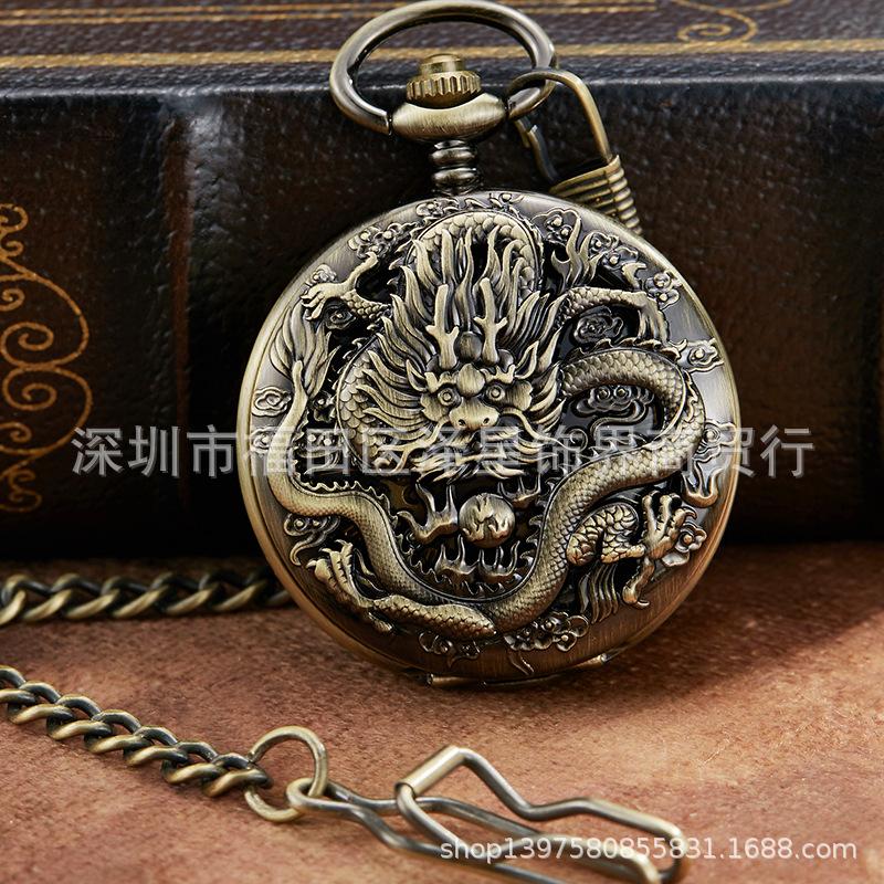 Hollow Through The Bottom Watch Personalized Pocket Watch Longfeng Chengxiang Mechanical Pocket Watch Bronze Retro Casual Pocket Watch Dragon Pocket