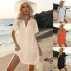Women's Summer Casual V Neck Short Sleeve Shirt Dress, Loose Solid Color Beach Cover Up Vacation Mini Tunic Dress