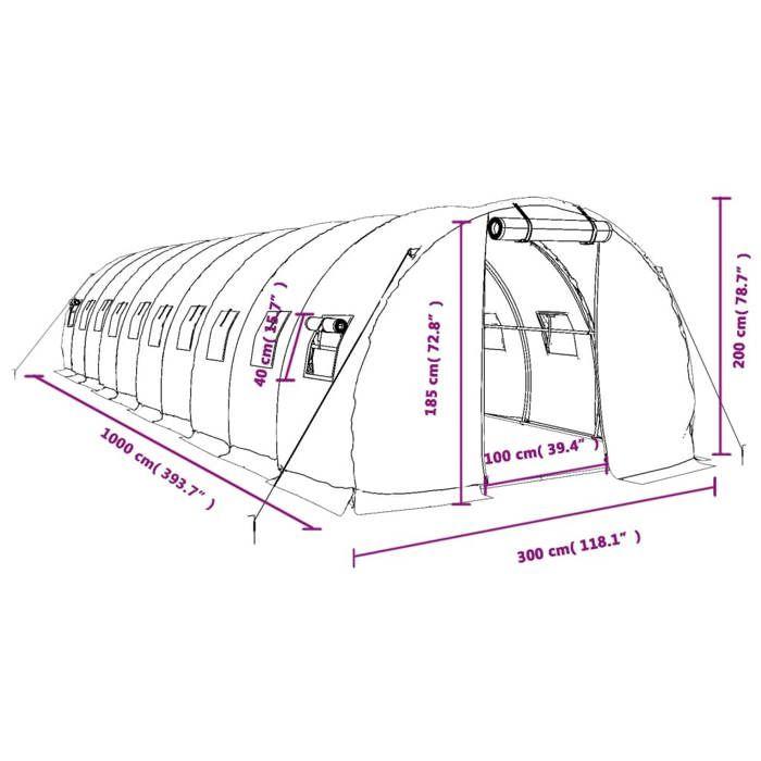 VidaXL Serre avec cadre en acier blanc 30 m² 10x3x2 m, polytunnel, serre à cadre froid, serre pour tomate, serre de jardin, 3188053