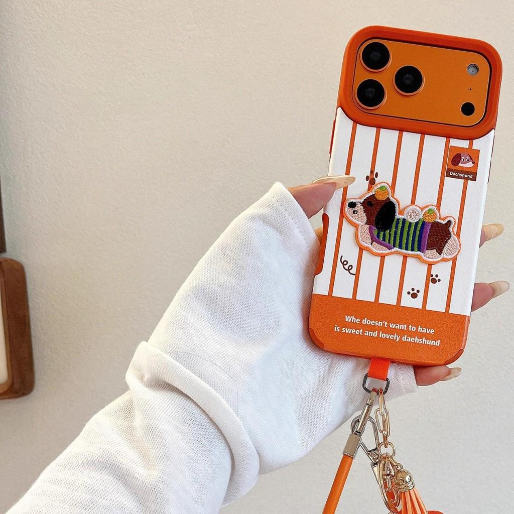 Orange Dachshund Embroidered Protective Case with Lanyard for iPhone 17 Pro Max