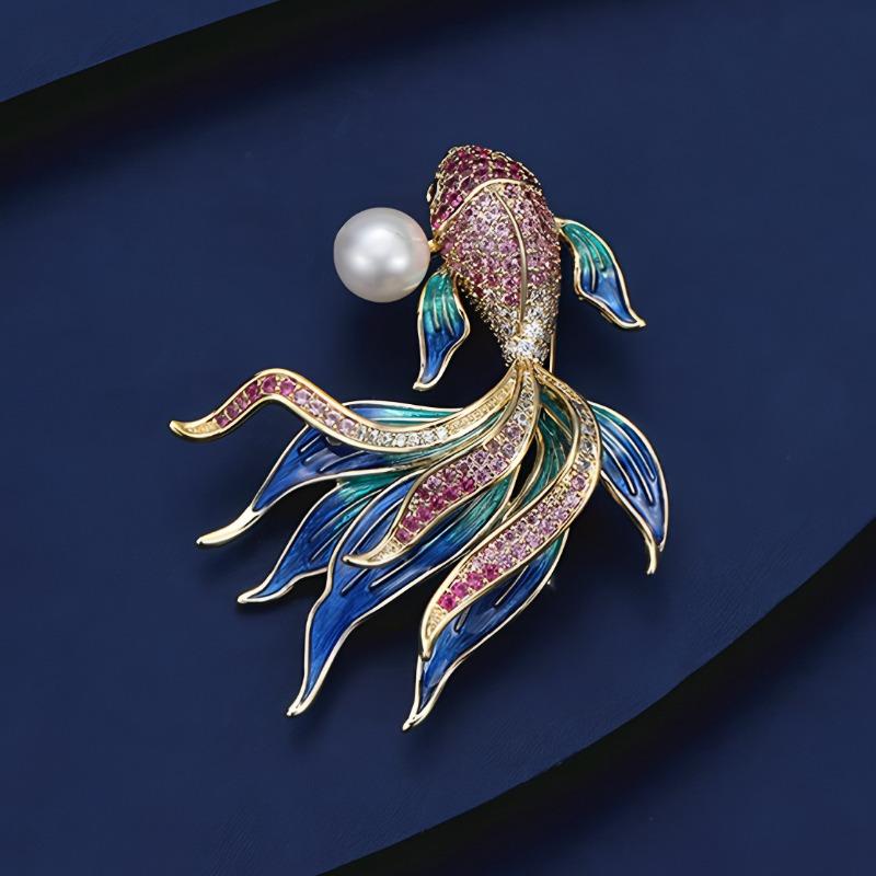 Pearl Koi Brooch, Elegant Goldfish Brooch, Niche Luxury Design Pin