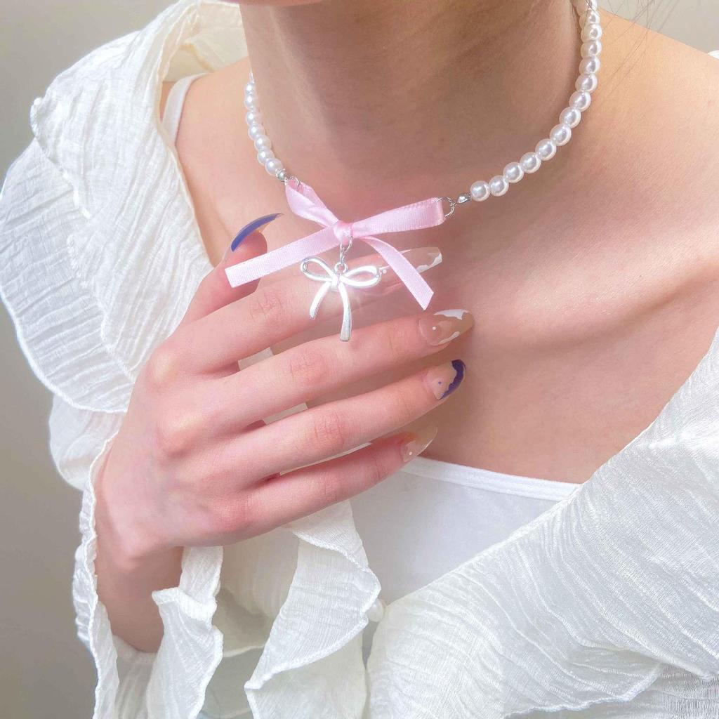 French Romantic Pink Bowknot Heart Pendant Pearl Necklace Jewelry Trending New Women's Sweet Pure Desire Bow Necklaces