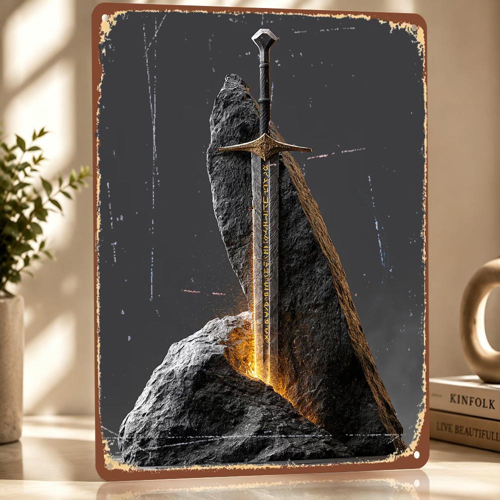 Fantasy Sword In Stone Personalized D Textured Metal Poster Wall Art Tinplate Sign for Decor Living Room Decoration Man Home